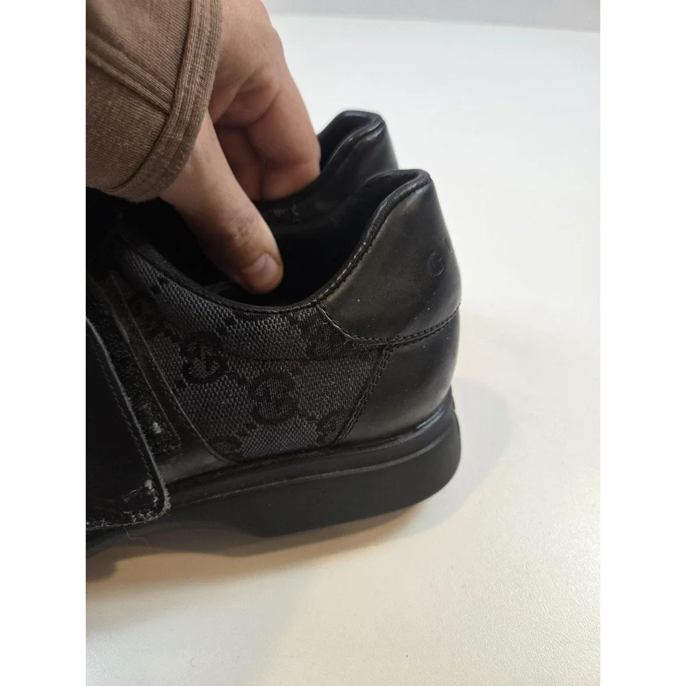 Gucci Shoes Mens Size 7.5 Black Strap Leather Canvas Logo Made In Italy